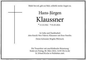 Traueranzeige Hans-Jürgen Klaussner